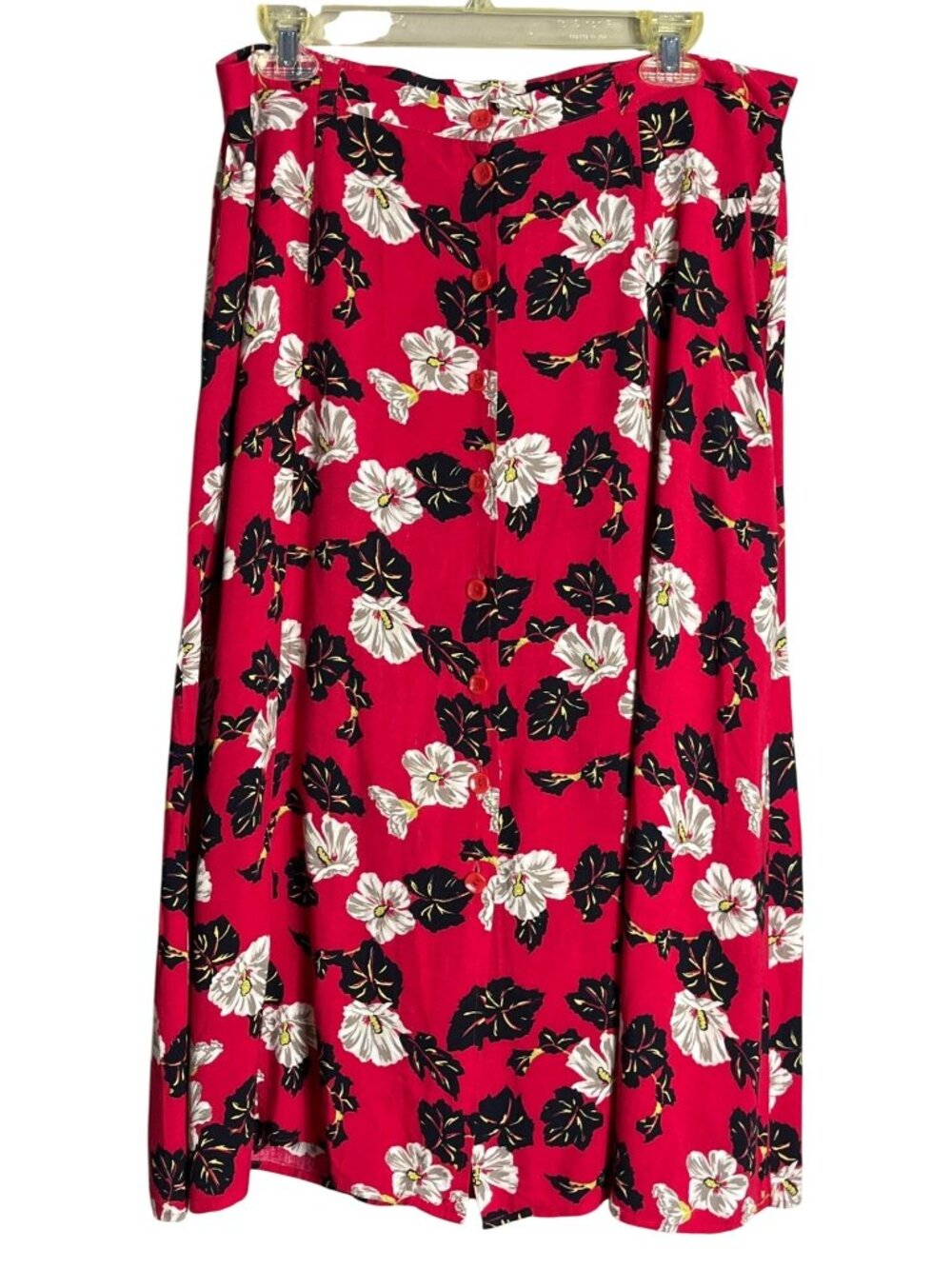 90s Grunge Prairie Midi Skirt Red Bold Floral Button Up A-line Casual Wom L